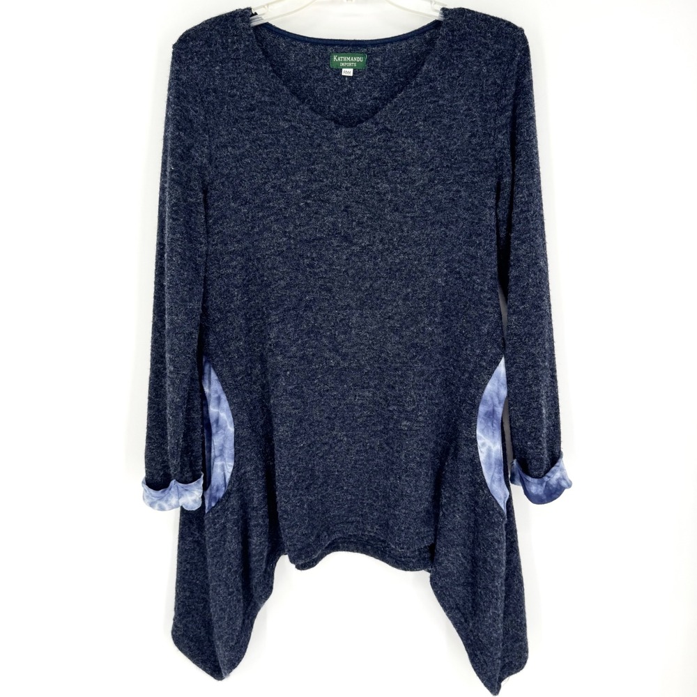 Kathmandu Imports Long Line Tunic Sharkbite Pullover Sweater Blue One Size Artsy